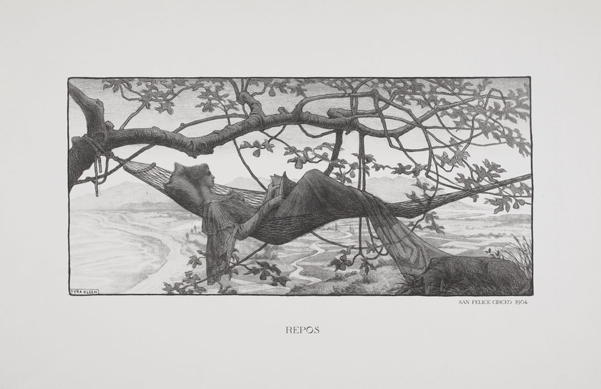 Tyra Kleen, Repos (Dam i hängmatta), 1904. Litografi, 25 x 45,8. Foto: Lars Edelholm. Courtesy Prins Eugenes Waldemarsudde